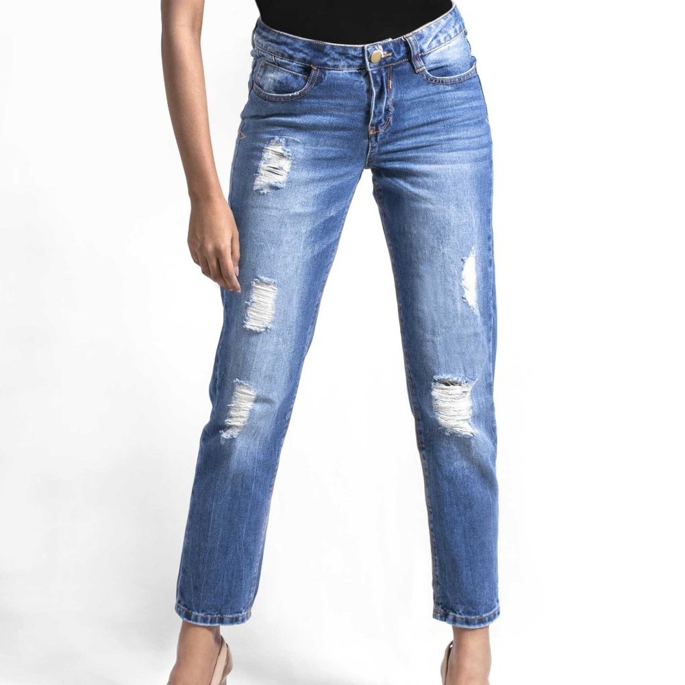 OLGYN Boyfriend Medium Blue Plus Size Denim Pant - Picture 1 of 5